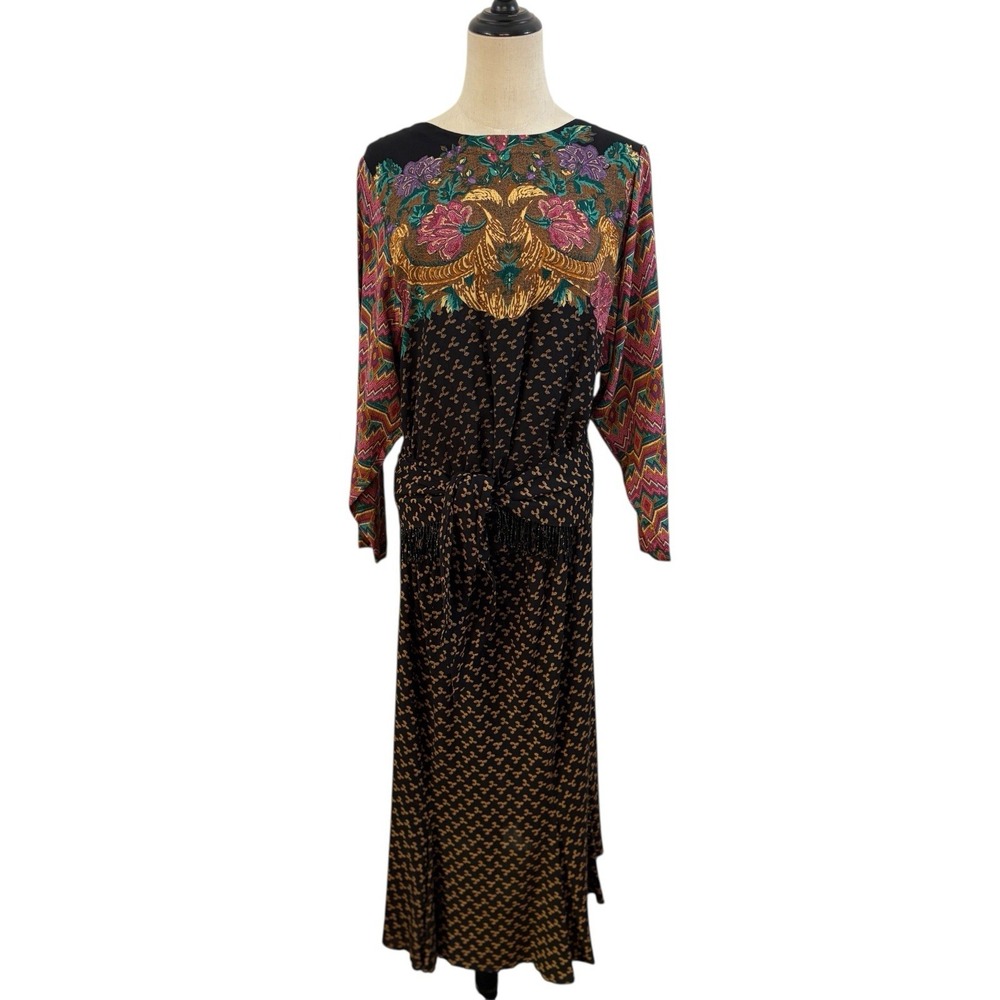 Vtg 80s Carole Little Black Boho Maxi Dress Floral Baroque Sz 10 Fall Autumn